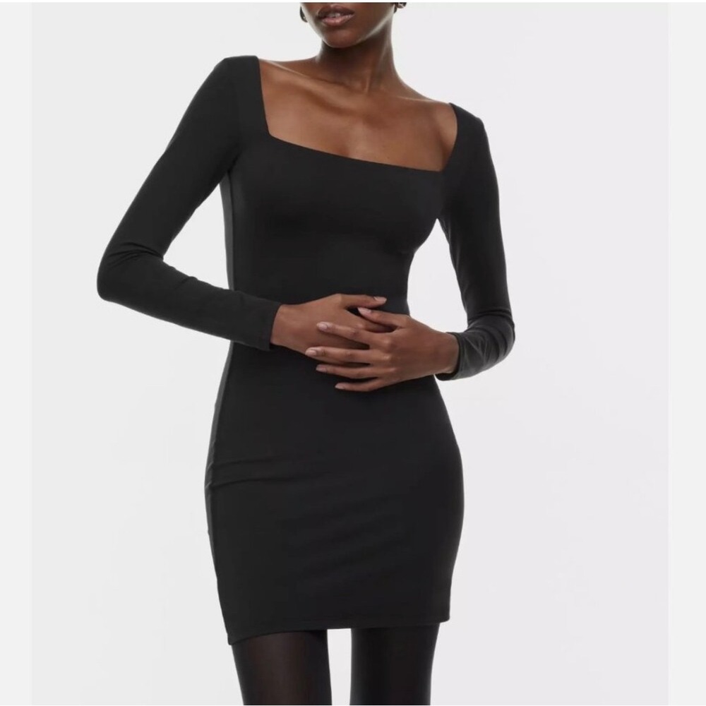 NWT Aritzia Contour Black Long Sleeve Square Neck Mini Dress Size Small